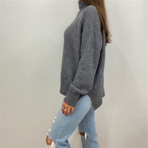Grey Knit Turtleneck Sweater for Women Featuring Long Sleeve, Full ...