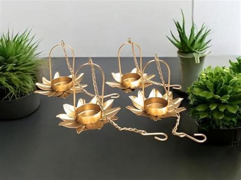 Buy Sandeep Crafts Metal Lotus Hanging Tealight Candle Holder, Pack of ...