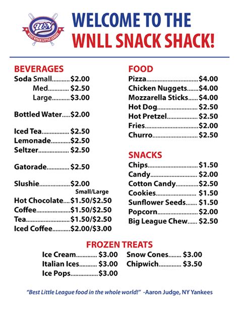 Snack Bar Menu & Prices