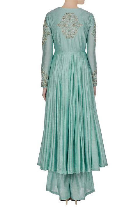 Blue Chanderi Kurta With Gota Pleated Jacket And Pants – Neha Khullar