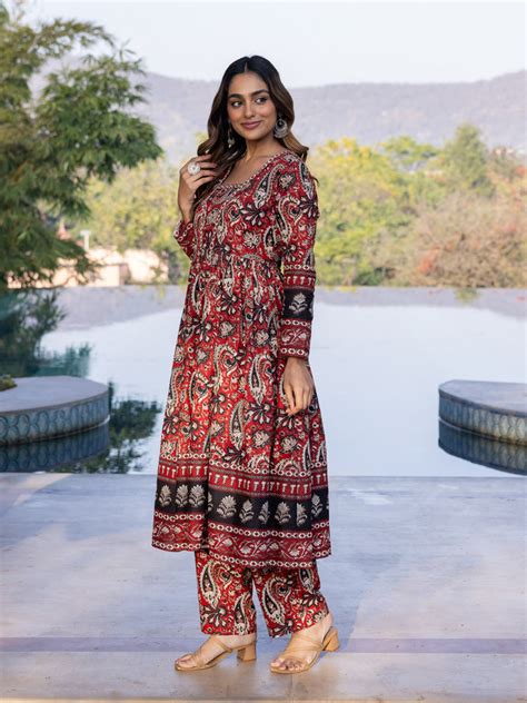 Buy Soft Cotton Paisley Anarkali Red Kurta, Trousers & Dupatta TP3070T ...