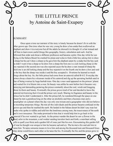 THE Little Prince - Summary - THE LITTLE PRINCE by Antoine de Saint ...
