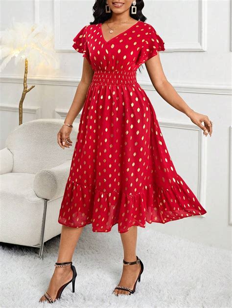 SHEIN Lady Bruiloftsgastjurk met gouden lotusbladmouwen en stippenjurk ...