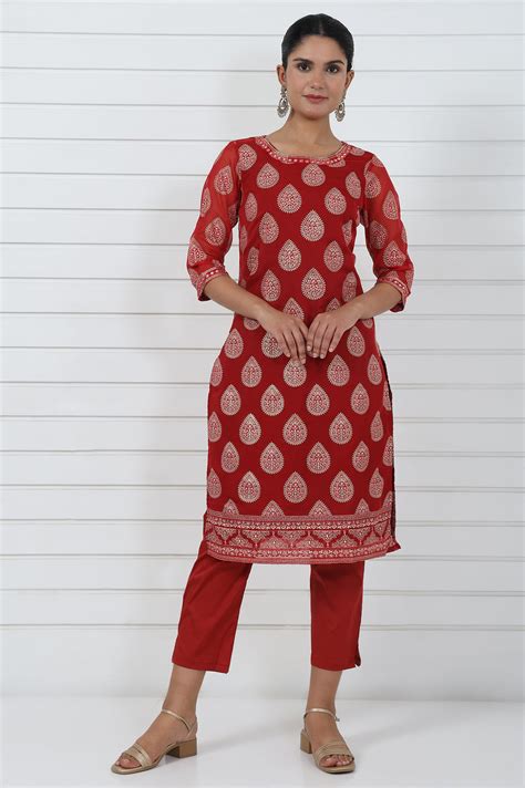 Buy Red Abstract Printed Mirror Work Organza Straight Kurta Online for ...