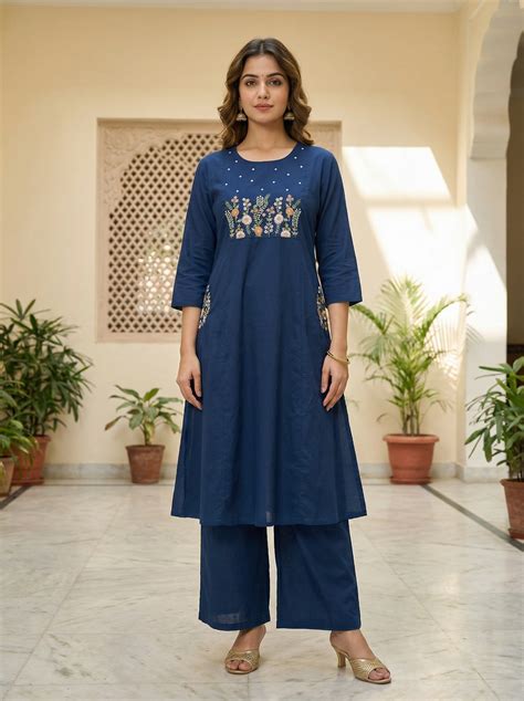Premium Navy Blue Jaipuri pure Cotton Embroidered Co-Ord Set for Women ...