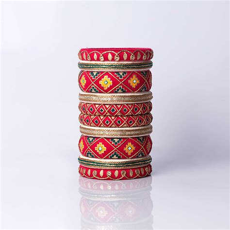 Buy Red And White Handpainted Navratna Embroidered Bangles | Set of 10 ...