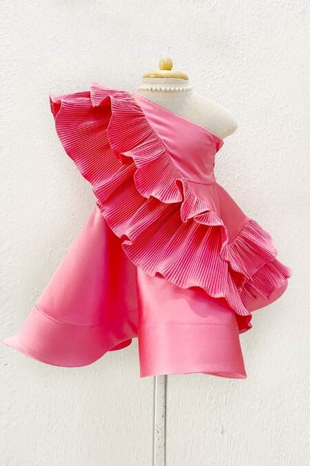 Buy Pink Thick Satin Plain Desire One Shoulder Ruffle Dress For Girls ...