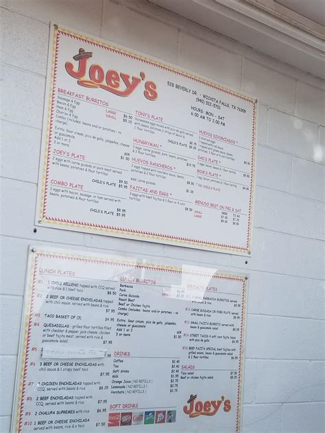 Menu at Joey's restaurant, Wichita Falls, 528 Beverly Dr