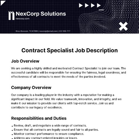 Free Contract Specialist Job Description Template to Edit Online
