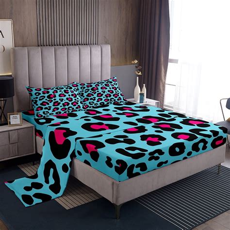Blue Pink Leopard Print Bed Sheets Set Cheetah Print King Size Sheet ...