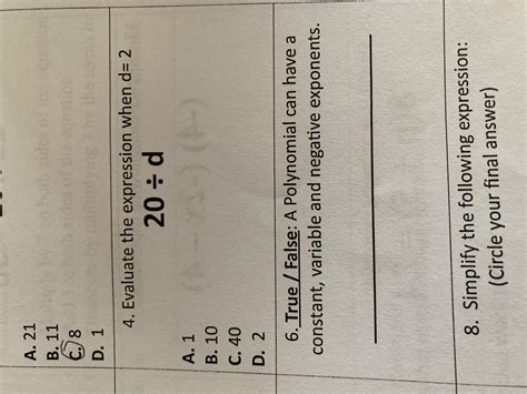 Evaluate the expression when d=2 20 divided by d A.1 B.10 C.40 D.2 ...