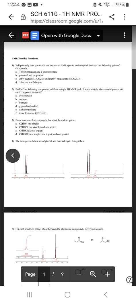 SOLVED: 12:44 ??? SCH 6110 - 1H NMR PRO... https://classroom.google.com/u/1/ : ← PDF Open with ...
