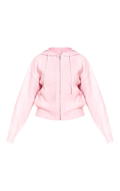 Petite Pink Zip Up Knitted Hoodie | Petite | PrettyLittleThing USA