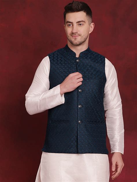 Blue Woven Design Nehru Jacket ( JOWC 4091Peacock ) – Jompers Wholesale