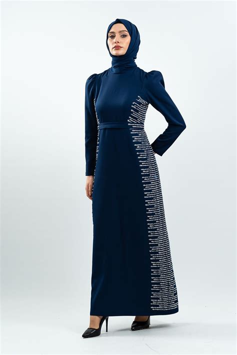 Navy Blue Stone Detailed Modest Evening Dress | Mec Fashion