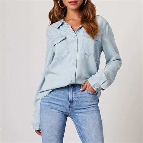 Augper Women's Denim Shirt Women Chambray Jean Western Shirts Long ...