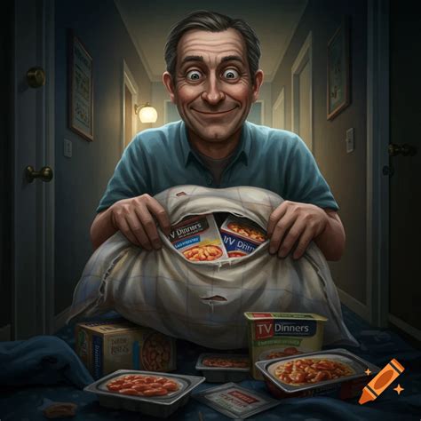 Neighbor pulling TV dinner trays from a pillowcase. on Craiyon