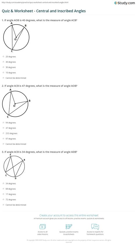 Quiz & Worksheet - Central and Inscribed Angles | Study.com