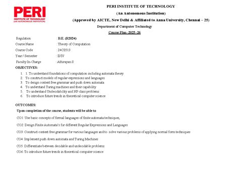 Theory of Computation Lesson Plan - 24CS513 - Studocu