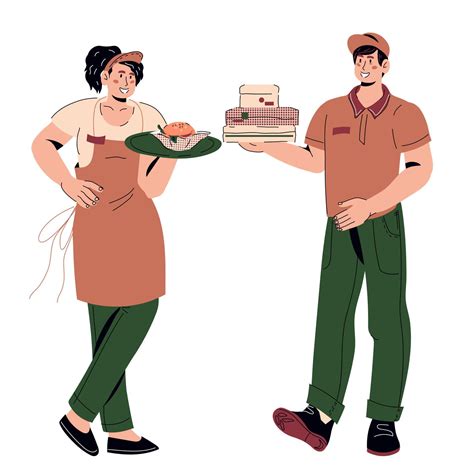 Restaurant or fast food cafe workers in uniform holding boxes and trays ...