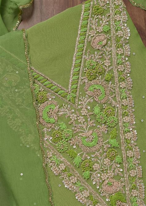 Buy Parrot Green Stonework Tissue Unstitched Salwar Suit - Koskii