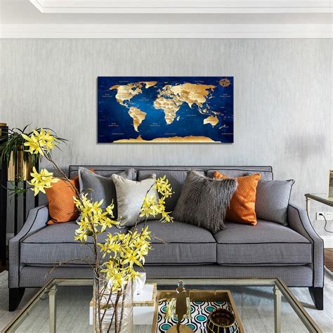 Youkiswall art Blue World Map Wall Art - Large Framed Canvas Print ...