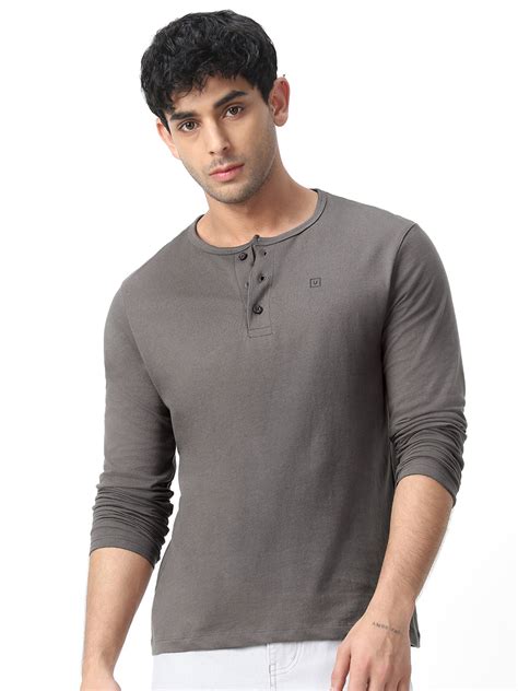 Men's Dark Grey Solid Henley Neck Slim Fit Full Sleeve Cotton T-Shirt ...