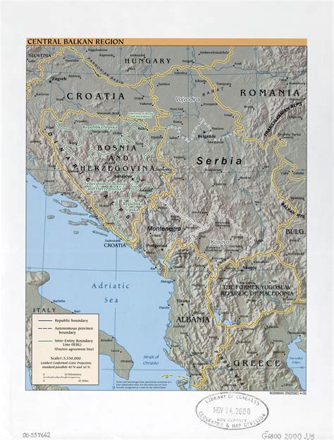 Large detailed political map of Central Balkan Region with relief, marks of capitals, large ...