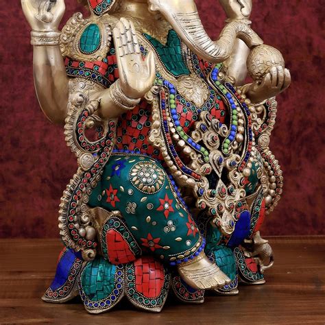 Brass Ganesha large idol 21" Tall with Intricate Stonework – Budhshiv.com