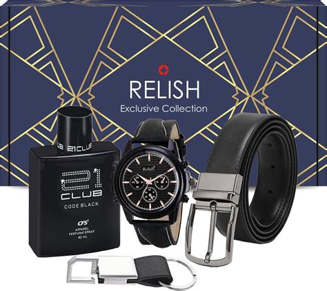 Buy Relish Gift Combo Box of Men's Black Analog Leather Strap Watch ...