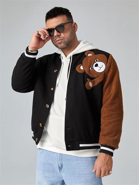 Manfinity Men Plus Bear Patched Teddy Panel Varsity Jacket | SHEIN USA