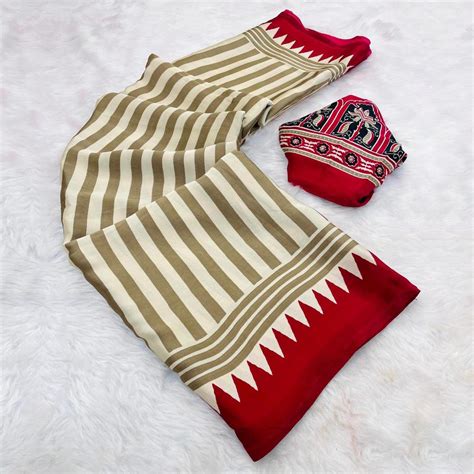 Timeless Chikoo & Red Crepe Silk Blend Saree Featuring Stylish Striped