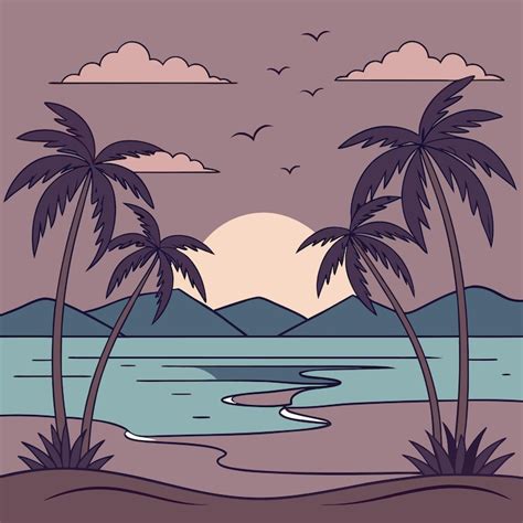 A drawing of palm trees on a beach with a sunset in the background ...