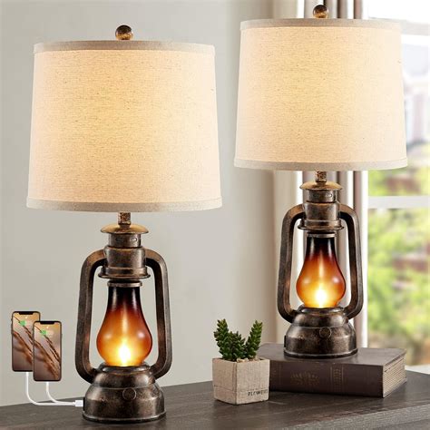 RORIANO Farmhouse Lantern Table Lamps for Living Room Set of 2 with USB ...