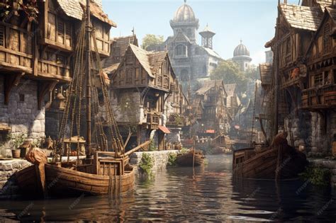 Premium AI Image | Medieval village port boat Generative AI