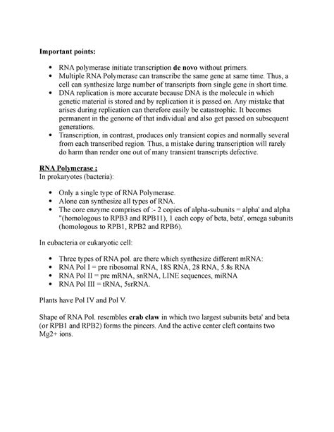 Transcription in prokaryotes - Important points: RNA polymerase ...