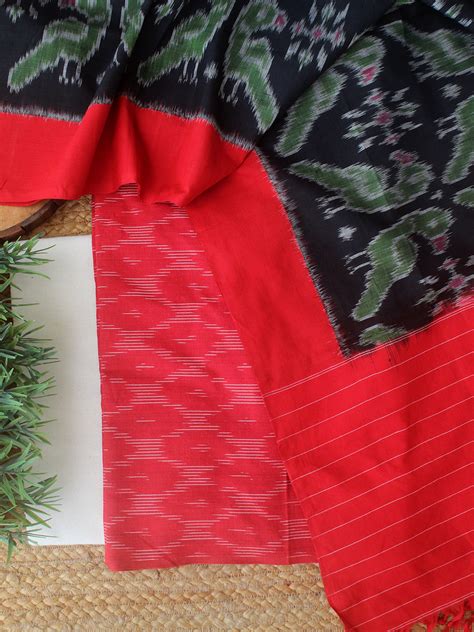Red and Black Pochampally Ikkat Cotton Dress Material – Weaves of Tradition