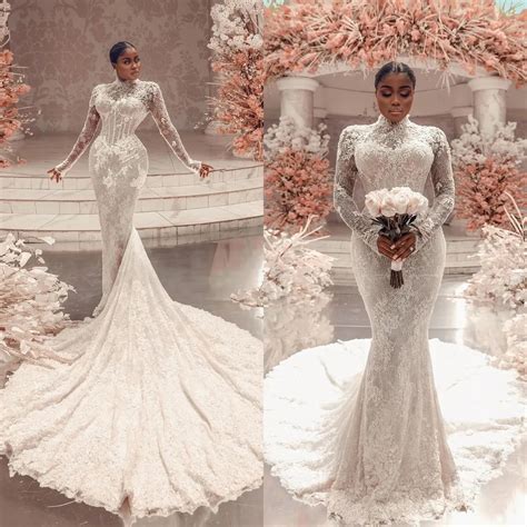 Graceful Lace Mermaid Wedding Dress High Neck Bridal Gowns Long Sleeve Sweep Train Bride Dresses ...