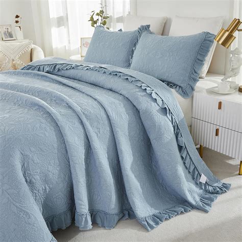 Amazon.com: Brandream Quilt Set Queen Size Cotton Light Blue Romantic ...