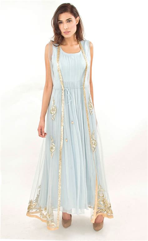 Light Blue Floor Length Gown With Gold Embelllished Jacket - Jasmine Bains
