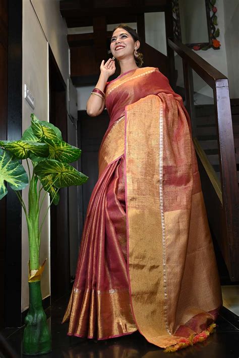 Ready To Wear Premium Tissue Linen With Temple Border & Ornate Pallu ...