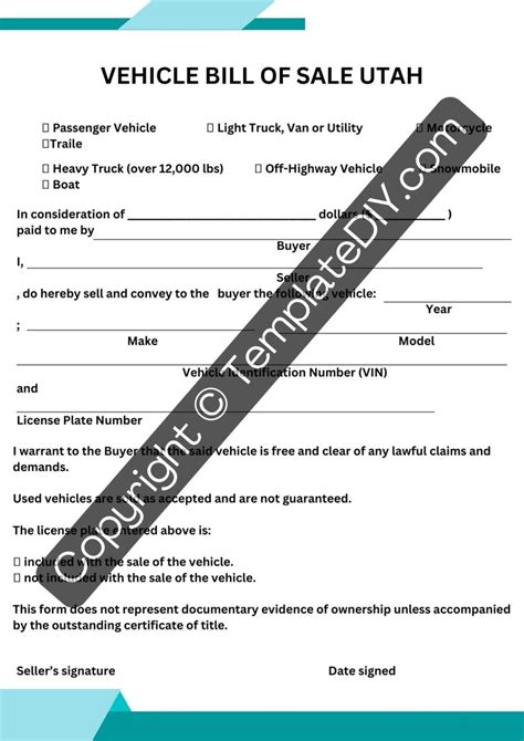 Vehicle Bill of Sale Utah [UT] Form Template PDF, Word