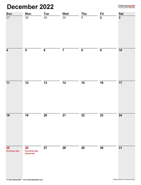 December 2022 Calendar | Templates for PDF, Excel and Word