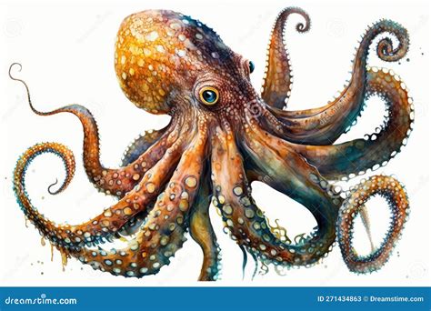 Octopus Watercolor, Close Up Predator Animals Wildlife. Ultra High Resolution, Isolated on White ...