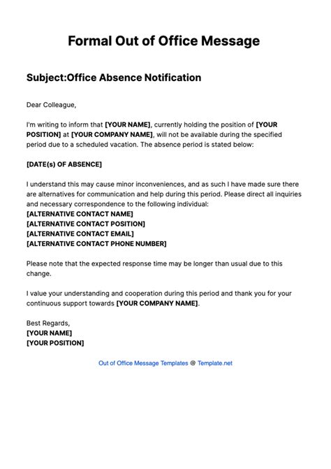 Formal Out of Office Message Template - Edit Online & Download Example | Template.net