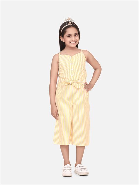 Girls Cotton Blend Yellow Stripe 3/4th Jumpsuit – Stylestone