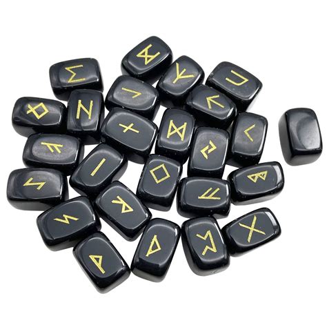 Natural Black Obsidian Rune Stones Set Engraved Elder Futhark Viking ...
