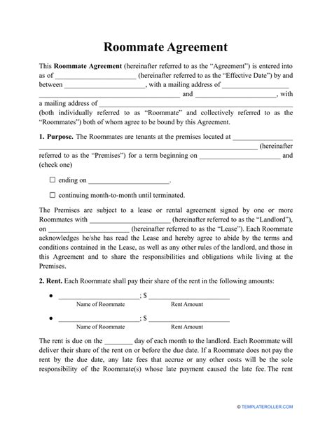 Roommate Agreement Template - Fill Out, Sign Online and Download PDF ...