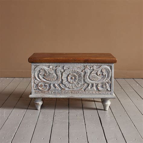 Hand‑Carved Mango Wood Storage Trunk — Grey Distressed Coffee Table Ch ...