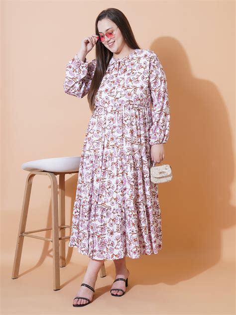 Women Plus Size Floral Printed Tie-Up Neck Puff Sleeve Crepe Fit & Fla